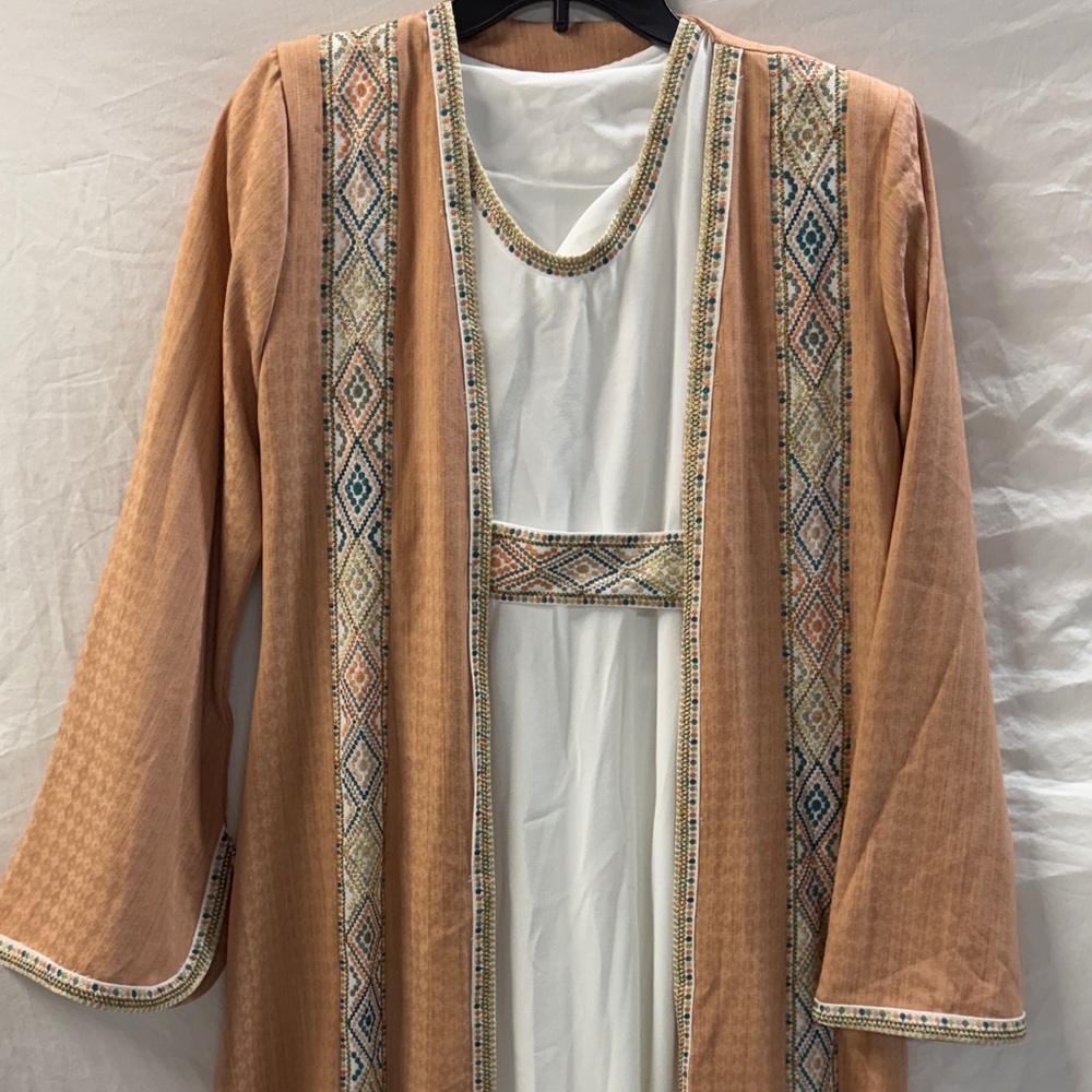 Three piece Peach Embroidered Open Front Kimono, Abaya set size(2)